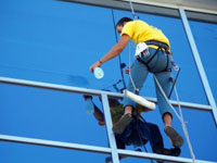 Window cleaner safely harnessed working at height.