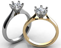 Two fancy six claw rings in gold and white gold, both with a single central diamond.