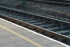 Railway platform with blister tactiles for sight impaired.