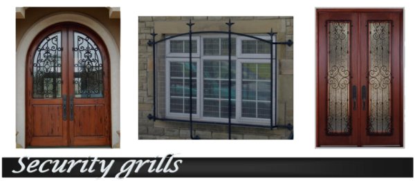 Image shows three types of Security grills protecting glass in an arched door, a window and a normal shaped door.