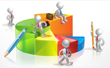 circle divided up into a 3D pie chart, each slice a different size and colour, so arranged in steps to the top. 5 &'39; little men&'39; aound the image, one at the botton and one at the top, symbolising the path to business success.