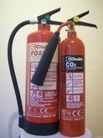 Foam and co2 extinguishers side by side for comparison.