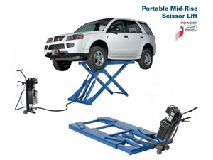 Mid rise lift with a car on it, and also shows the lift in flat position and the dolly ith powerpack..