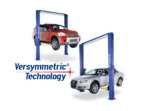 Image contains two two post lifts, one with a car and one with a 4x4. Also the image for Versymetric technology.