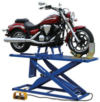 Motorcycle lift in raised position with a motorcycle on it.